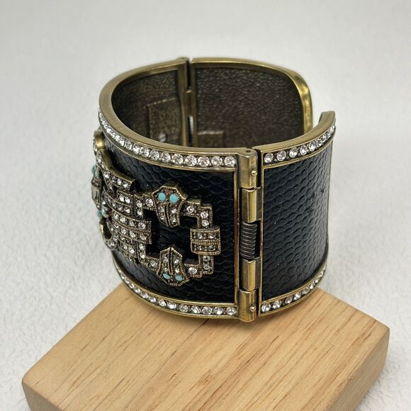 Heidi Daus Art Deco Wide Cuff Bracelet Black Leather Look Rhinestone Turquoise - Picture 4 of 10
